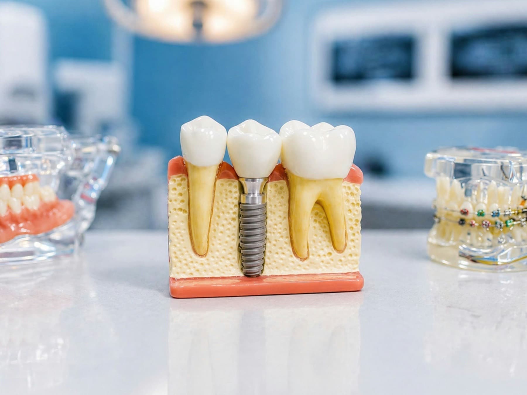 Teaching model of a dental implant between two natural teeth, on a clinic counter